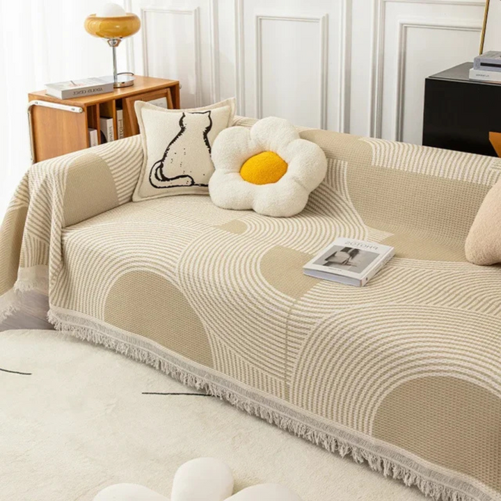 Elegant Scandinavian tassel throw blanket, ideal for a sofa, bringing Nordic home decor and coziness.