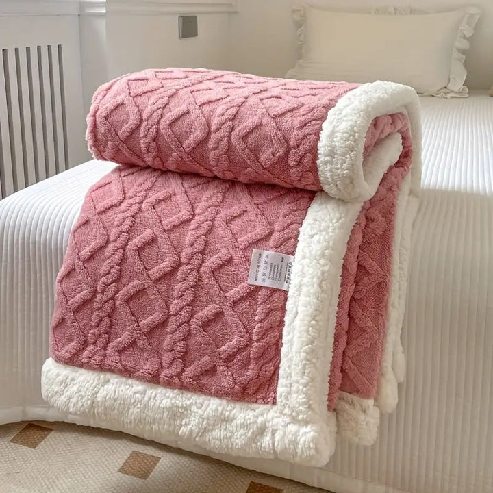 Close-up of a soft Sherpa fleece blanket texture, offering cozy comfort & plush warmth for home decoration.