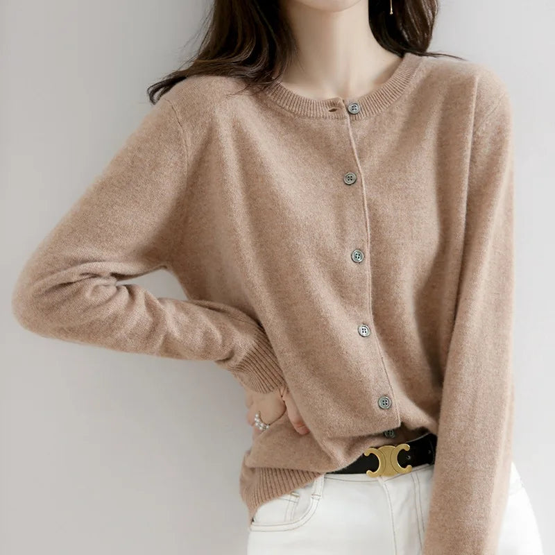 Soft knit button-up women's cardigan, an elegant sweater for winter layering & cozy everyday style and comfort.