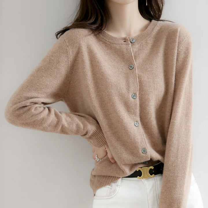 Soft knit button-up women's cardigan, an elegant sweater for winter layering & cozy everyday style and comfort.