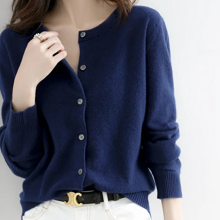 Women's cozy button-up cardigan sweater, designed for everyday elegance and versatile casual winter fashion wear.