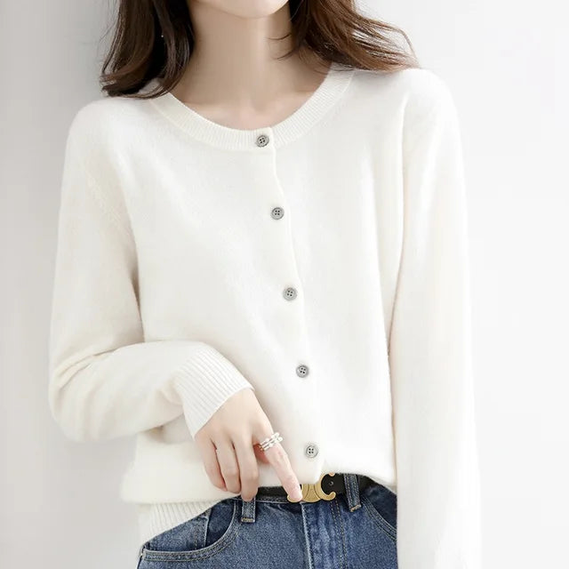Women's cozy button-up cardigan. Elegant knit sweater for winter fashion & comfortable casual wear. Soft texture.