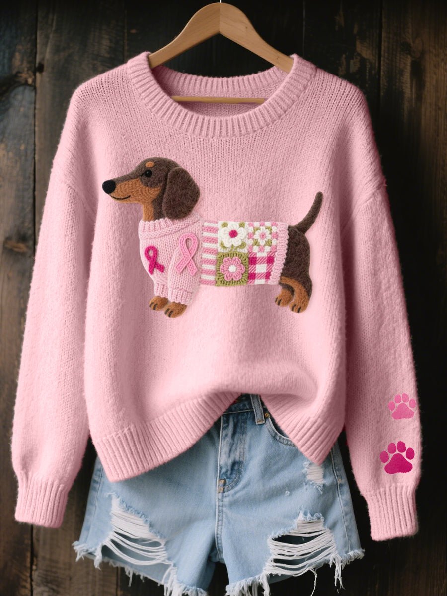 Cozy women's Dachshund patchwork knit sweater with a relaxed fit, perfect for dog lovers and winter fashion.