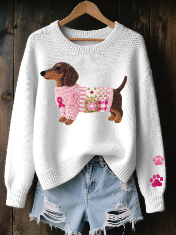 Women's crew neck Dachshund knit sweater. Cozy patchwork style, a perfect gift for dog lovers. Winter fashion.