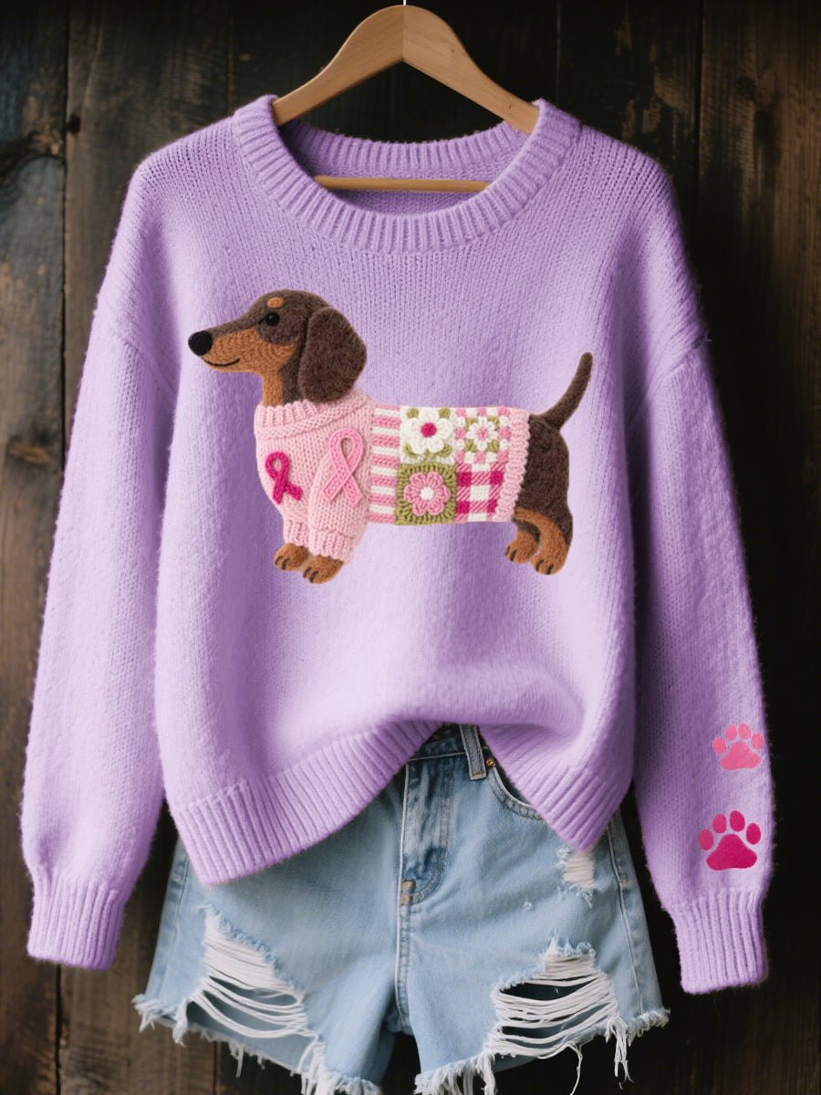 Soft women's knit sweater with a unique Dachshund patchwork design. Relaxed fit for cozy comfort and stylish winter wear.