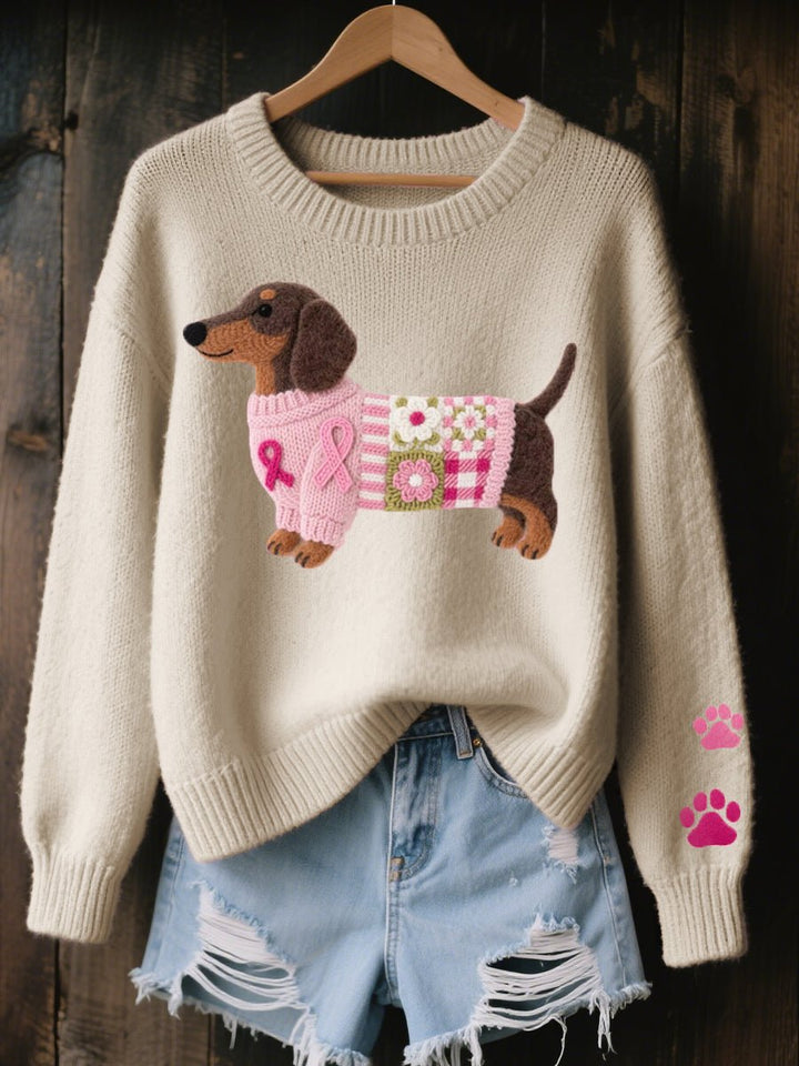 Stylish women's Dachshund patchwork knit sweater. Cozy relaxed fit, crew neck, a charming novelty knit for dog lovers.