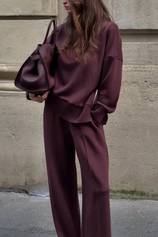 Cozy women's knit turtleneck & wide-leg pants set. Elegant two-piece loungewear for ultimate comfort.