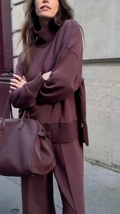 Stylish women's matching knit set: turtleneck sweater & wide-leg pants. Perfect fall/winter fashion.