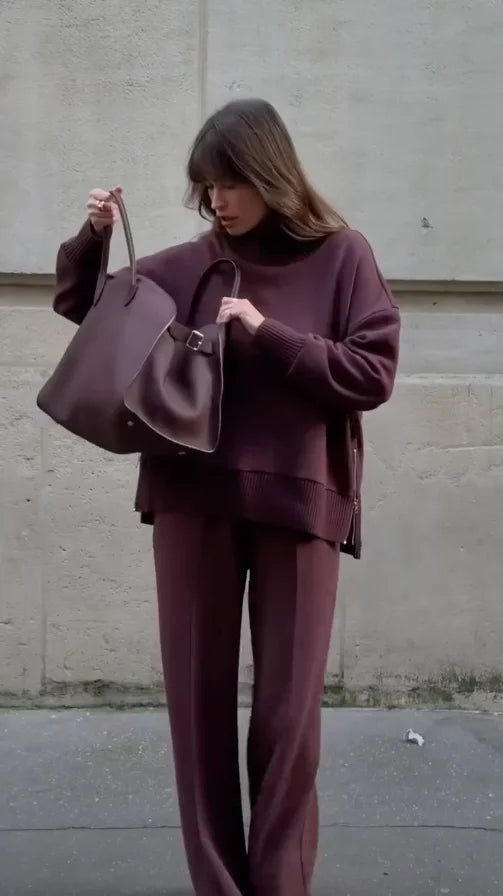 Women's cozy knit turtleneck & wide-leg pants set. Versatile two-piece for comfort & style. Fall fashion.