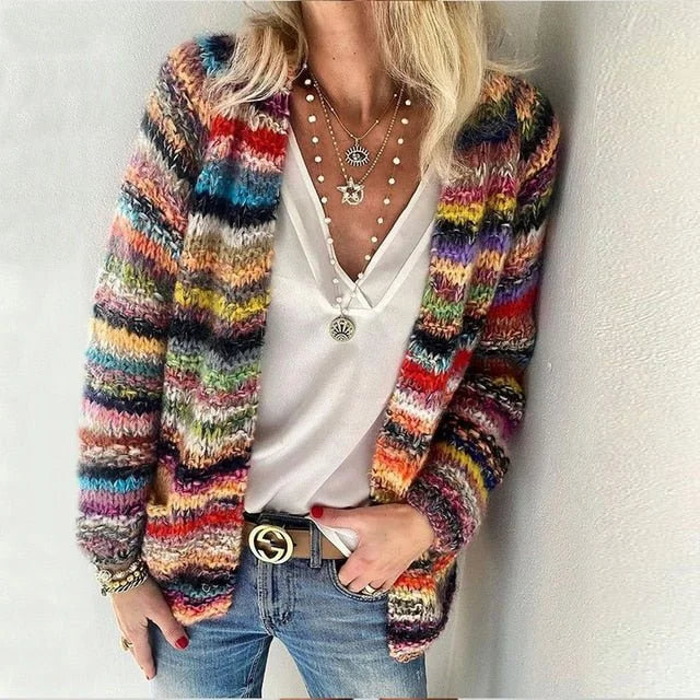 Cozy women's multicolor open-front knit cardigan sweater. Perfect for fall & winter casual layered looks.