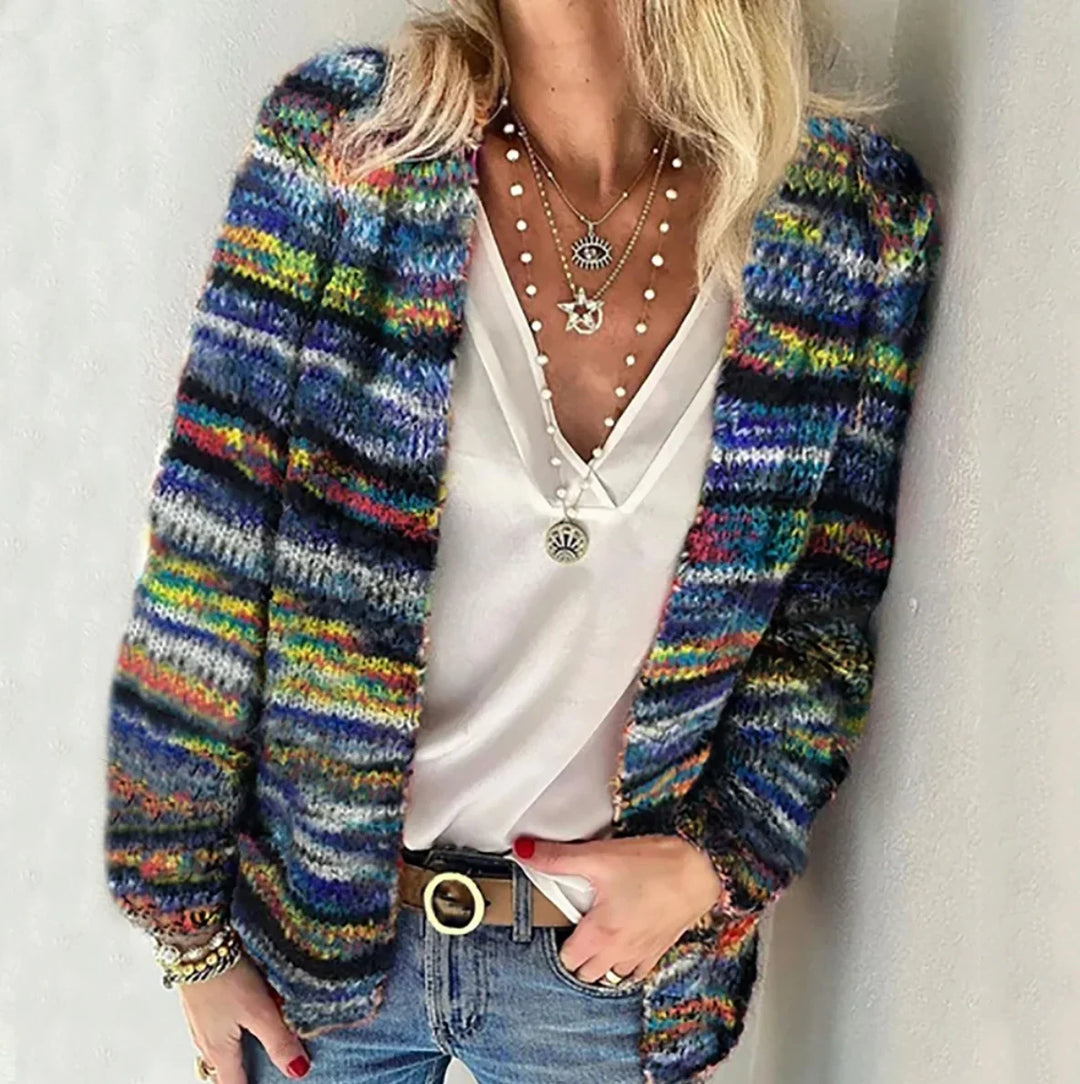 Stylish women's loose fit multicolor long sleeve open-front cardigan. Trendy knit sweater for everyday wear.