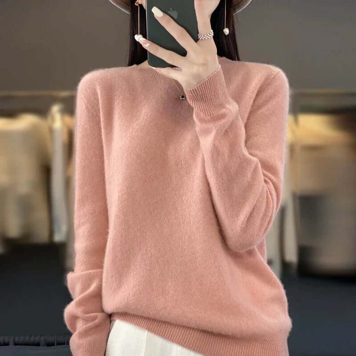 Autumn/winter women's O-neck sweater, a stylish cozy knit pullover for warmth and comfort.
