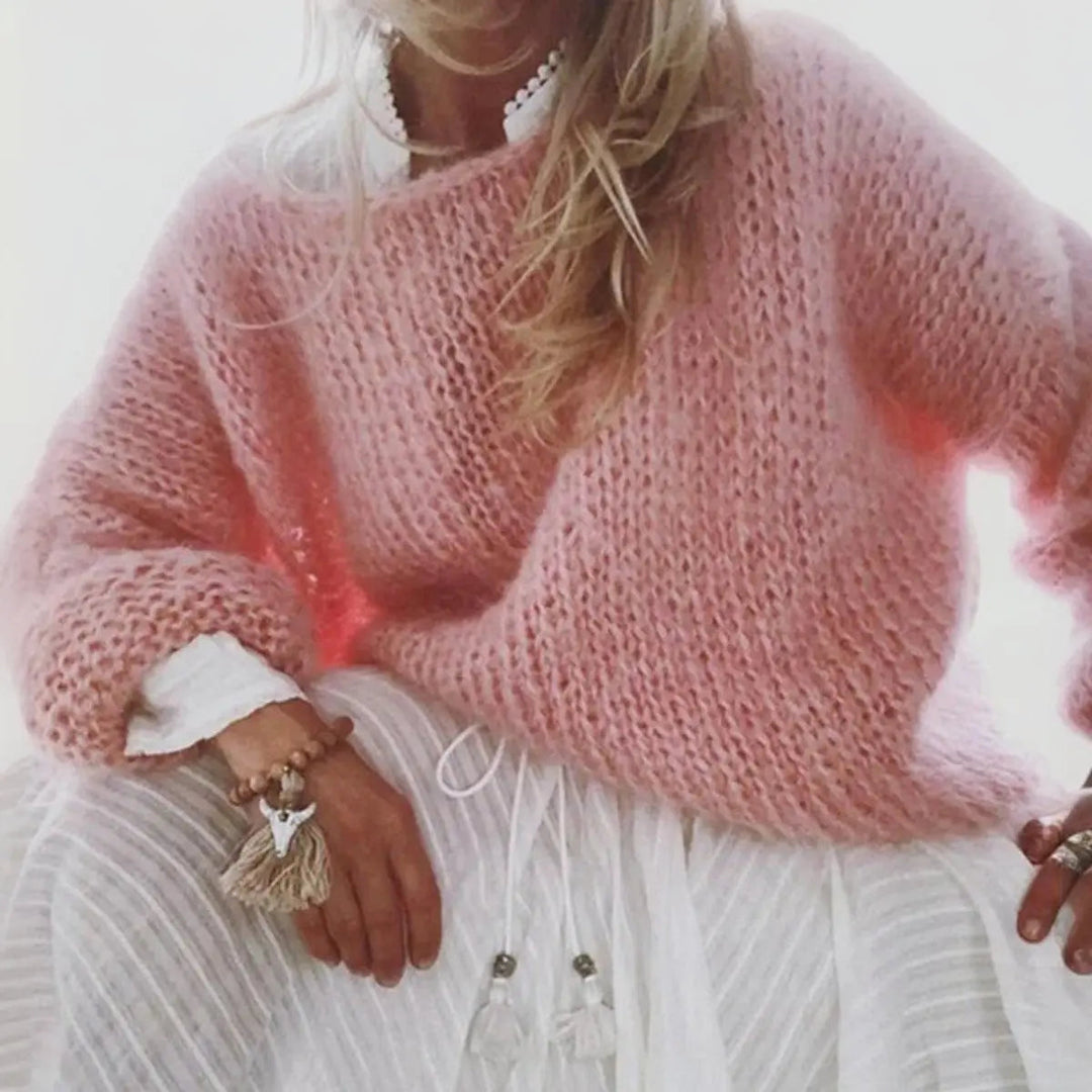 Elegant yet comfortable women's oversized mohair blend sweater, perfect for a cozy layered winter look.