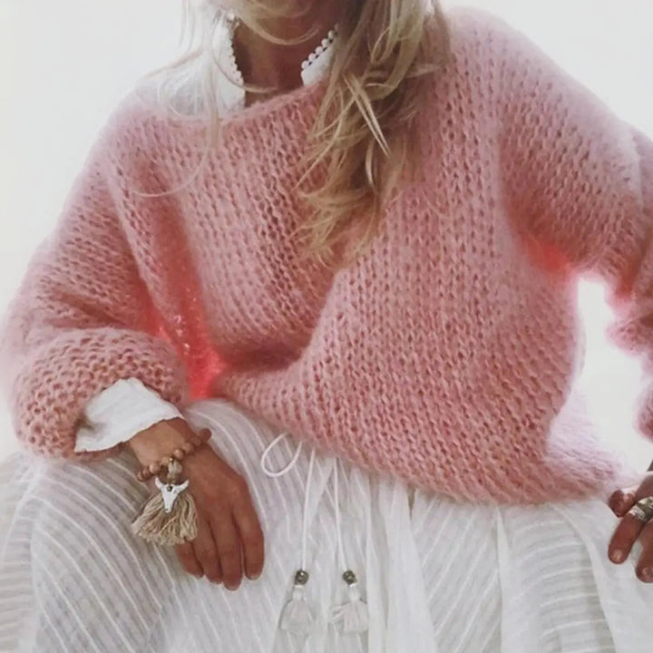 Elegant yet comfortable women's oversized mohair blend sweater, perfect for a cozy layered winter look.
