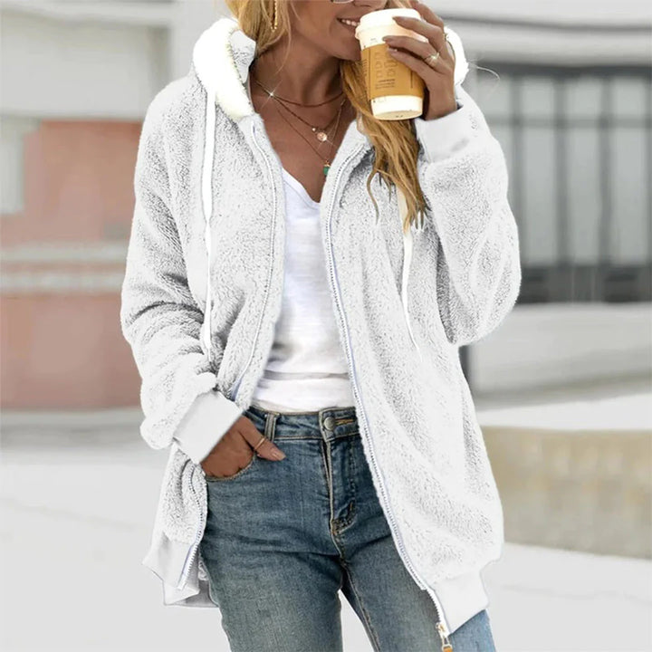 Warm women's hooded plush jacket, ideal for everyday casual fashion and chilly weather comfort.