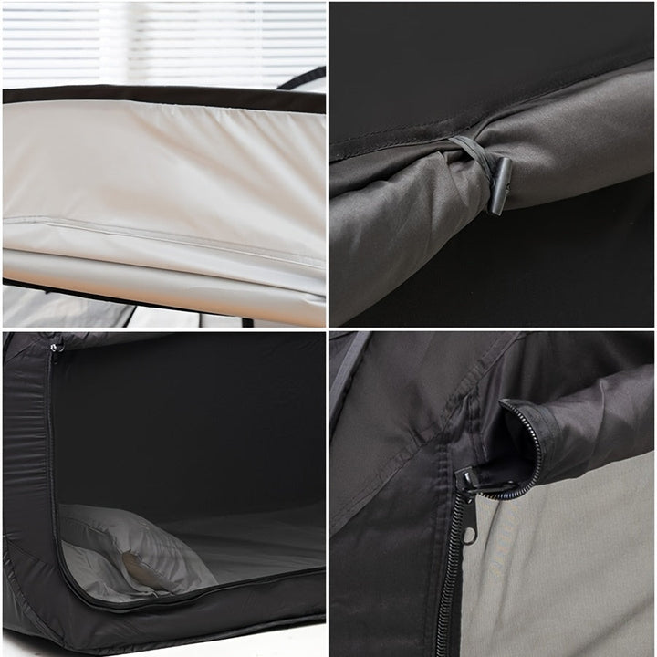 Folding camping bed with integrated tent, a convenient portable sleep solution for outdoor adventures.