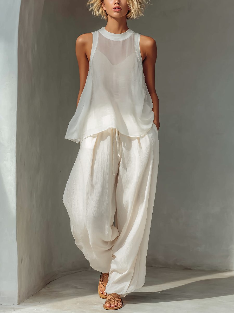 Cream chiffon wide leg drawstring trousers set for women. Perfect relaxed fit summer vacation outfit.