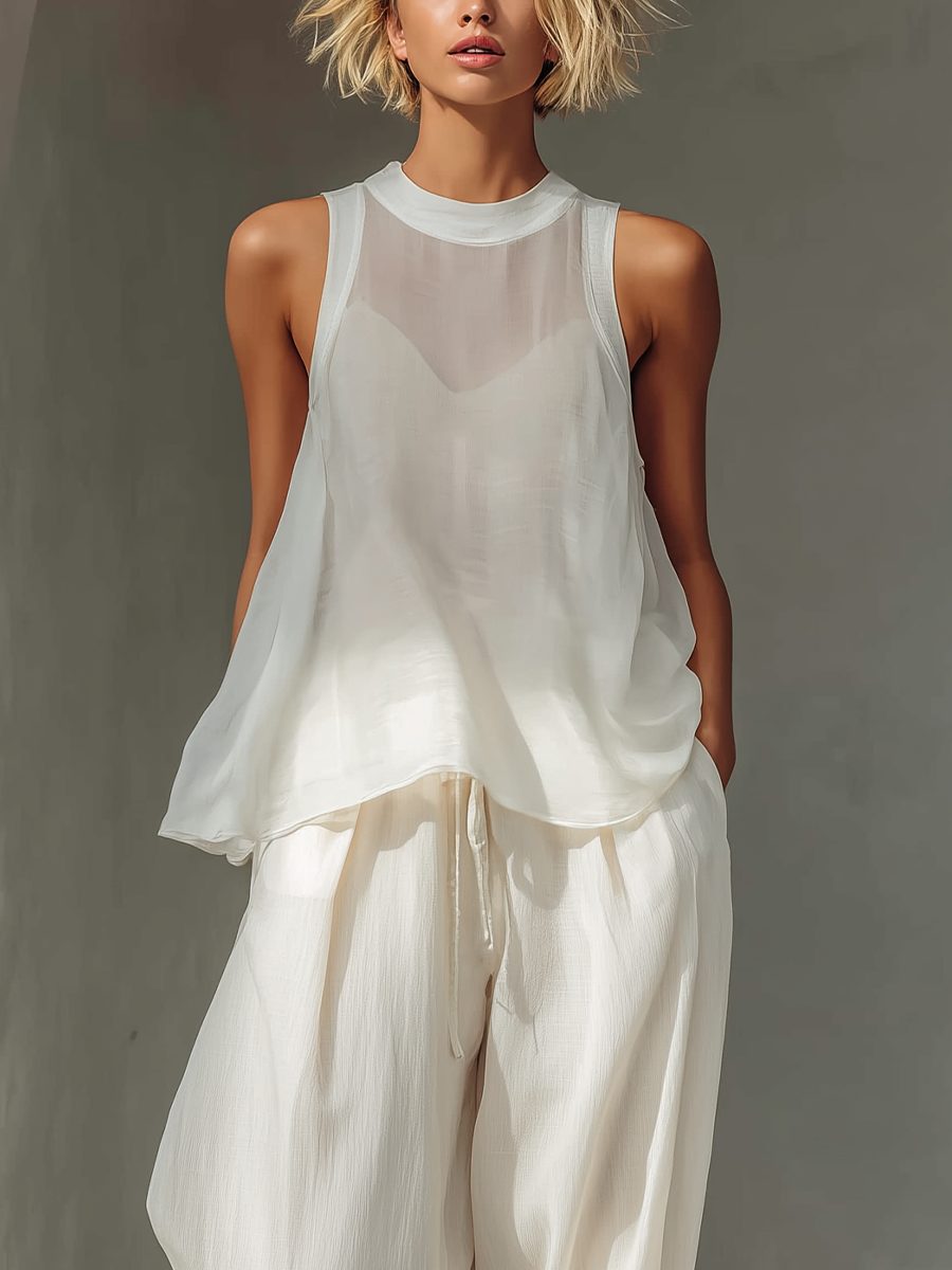 Sleeveless cream chiffon top & matching wide leg drawstring trousers. Women's comfortable summer set.