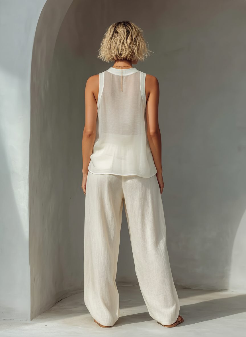 Close-up of cream chiffon wide leg trousers set. Shows breathable fabric, relaxed fit, & drawstring detail.