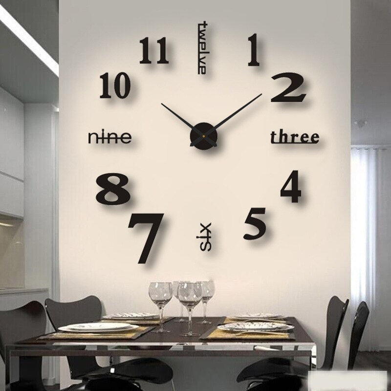 Customizable modern DIY 3D silent wall clock, large frameless design for living room or office home decor.