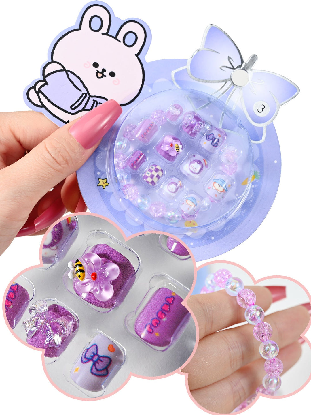 Complete set of women's cartoon press-on false nails, perfect for creating fun & cute nail art with ease.