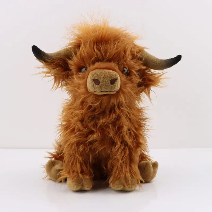 Cute Cuddly Highland Cow plush toy, soft brown fur, perfect stuffed animal for kids & baby comfort. Unisex gift.