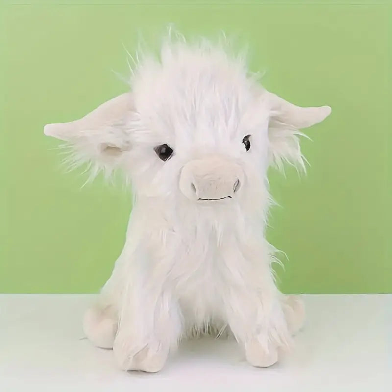 Detailed Highland Cow stuffed animal, fluffy fur, long horns. Decorative plush toy for nurseries or animal lovers.