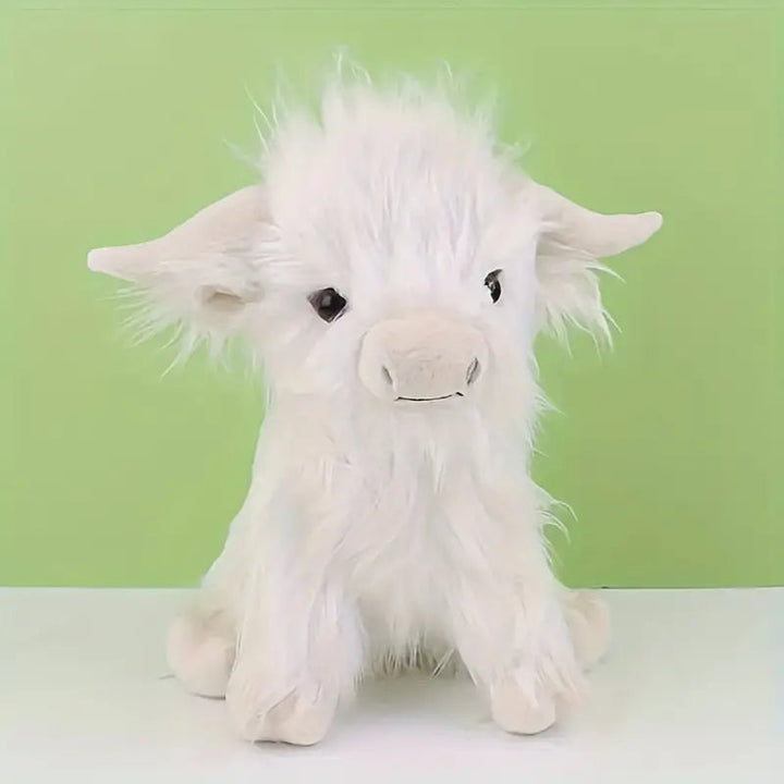 Detailed Highland Cow stuffed animal, fluffy fur, long horns. Decorative plush toy for nurseries or animal lovers.