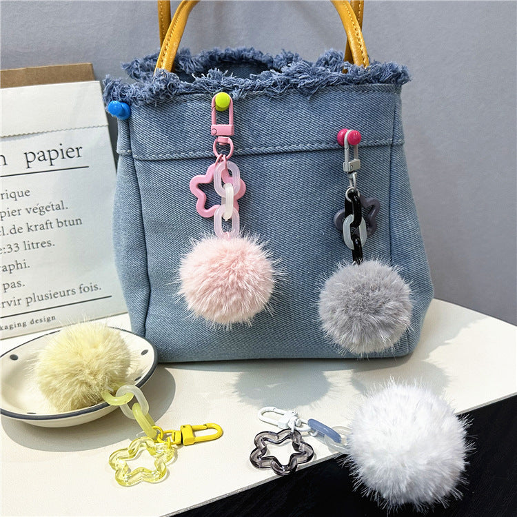 Cute fuzzy pom-pom keychain for women's bags. Soft & playful accessory.