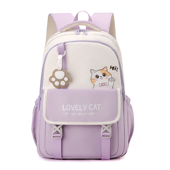 Cute girls' cat school backpack, durable & spacious, ideal for kids & teens. Features charming animal print design.