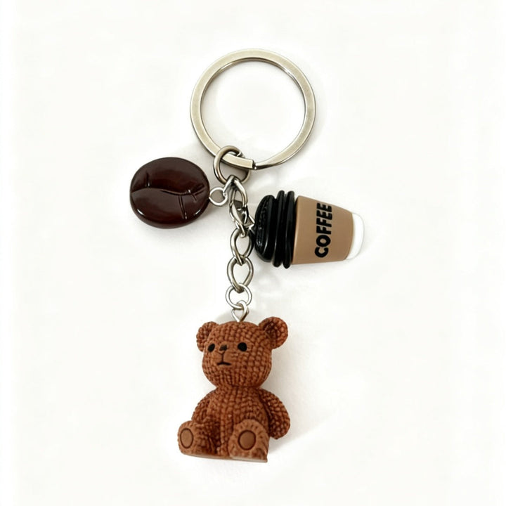 Versatile playful bear & beverage keychain. Use as a bag charm or key accessory. Cute, unique animal design.