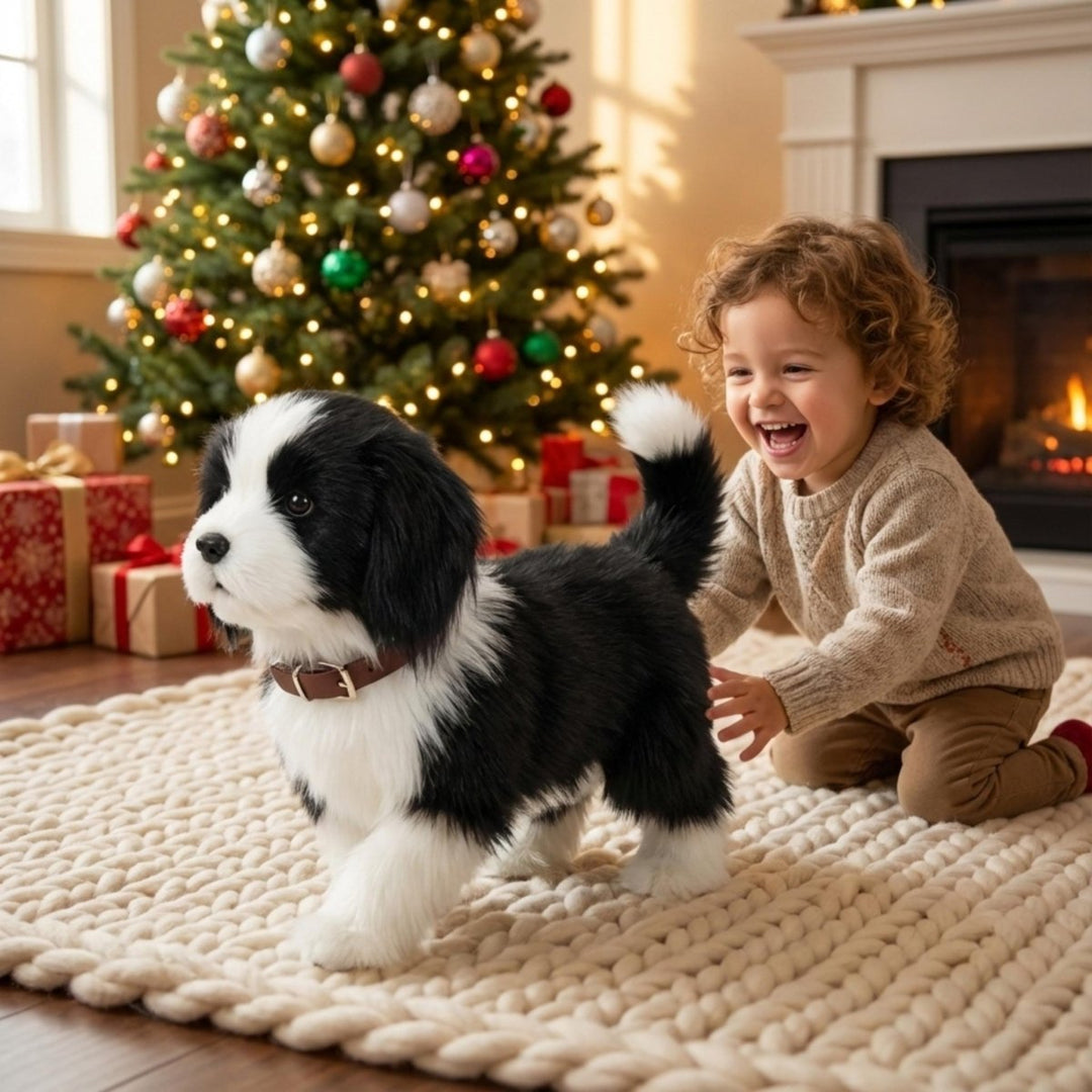 Cute plush interactive toy dog walks & barks, providing realistic fun for children's imaginative play.