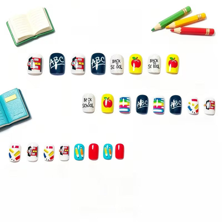Cute school-themed press-on nail art set for women, featuring student style and academic designs. Easy application fake nails.