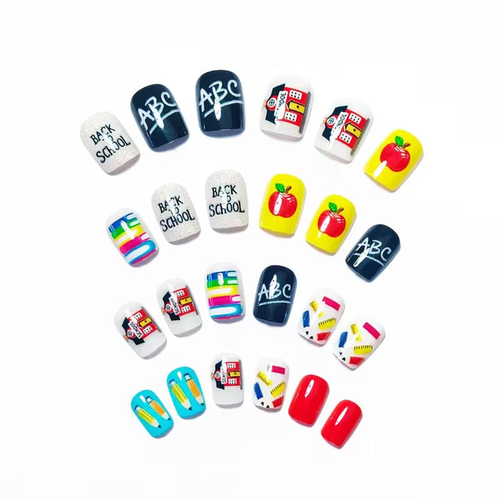 Women's novelty press-on nail art set with school theme. Includes student style false nails for quick, cute application.