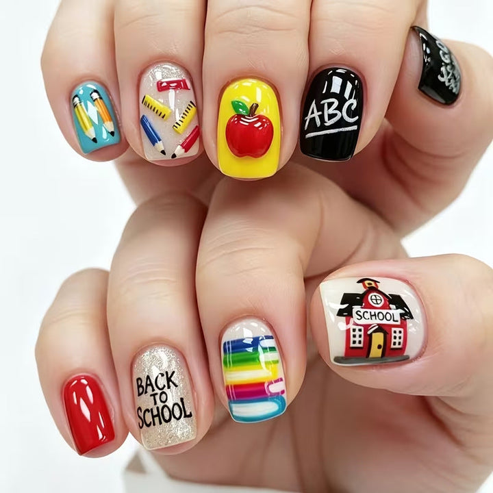 Stylish women's school-themed press-on nail art, perfect academic or student style accessory. Cute fake nails.