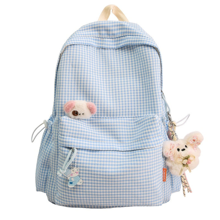 Fashionable women's checked pattern school bag with a plush keychain. Perfect for students and daily errands.