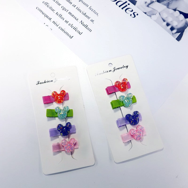 Cute women's Mickey Mouse & fruit hair clip set. Playful hairpins for girls, stylish hair accessories.