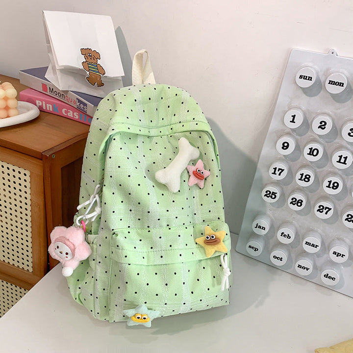 Fashionable black & white polka dot backpack for women. Cute school bag, great for students & daily carry.