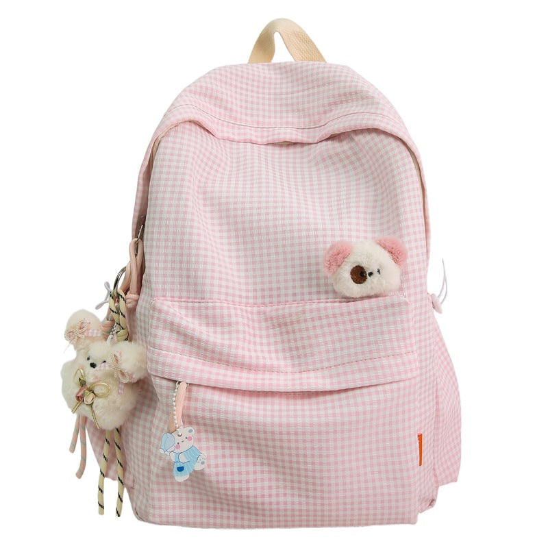 Pink & yellow cute character backpack for fun outings. Unisex multi-pocket school bag for kids, students, daily use.