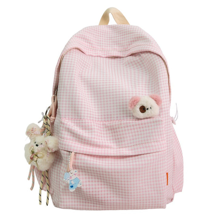 Pink & yellow cute character backpack for fun outings. Unisex multi-pocket school bag for kids, students, daily use.