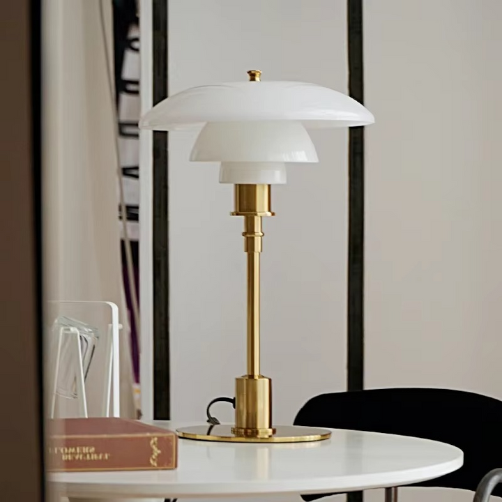 Warm LED desk lamp, a contemporary Danish design in iron & glass.