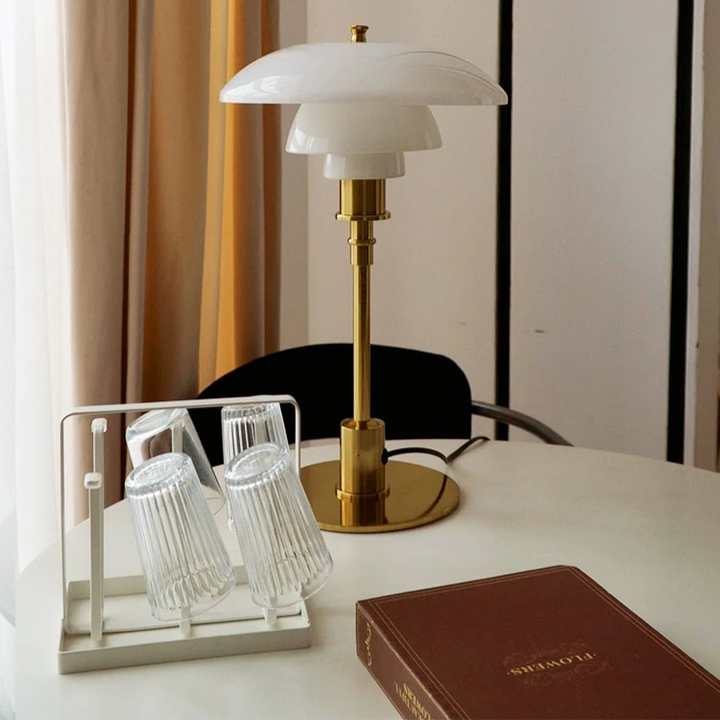 Bedroom Danish LED table lamp, dimmable warm light for cozy ambient glow.