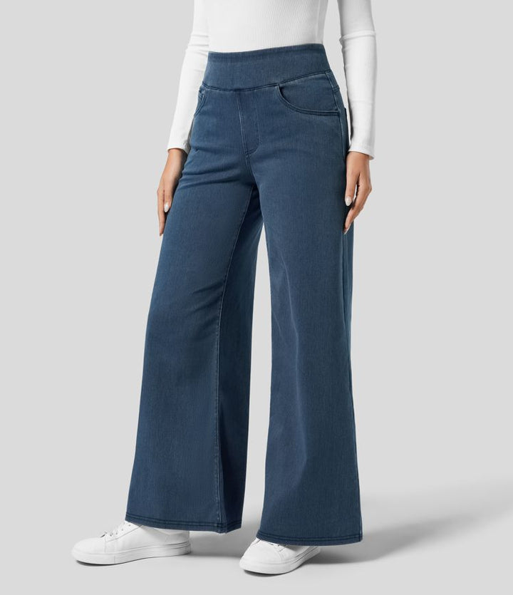 Dark blue high-waisted wide-leg stretch trousers for women, comfortable casual wear.
