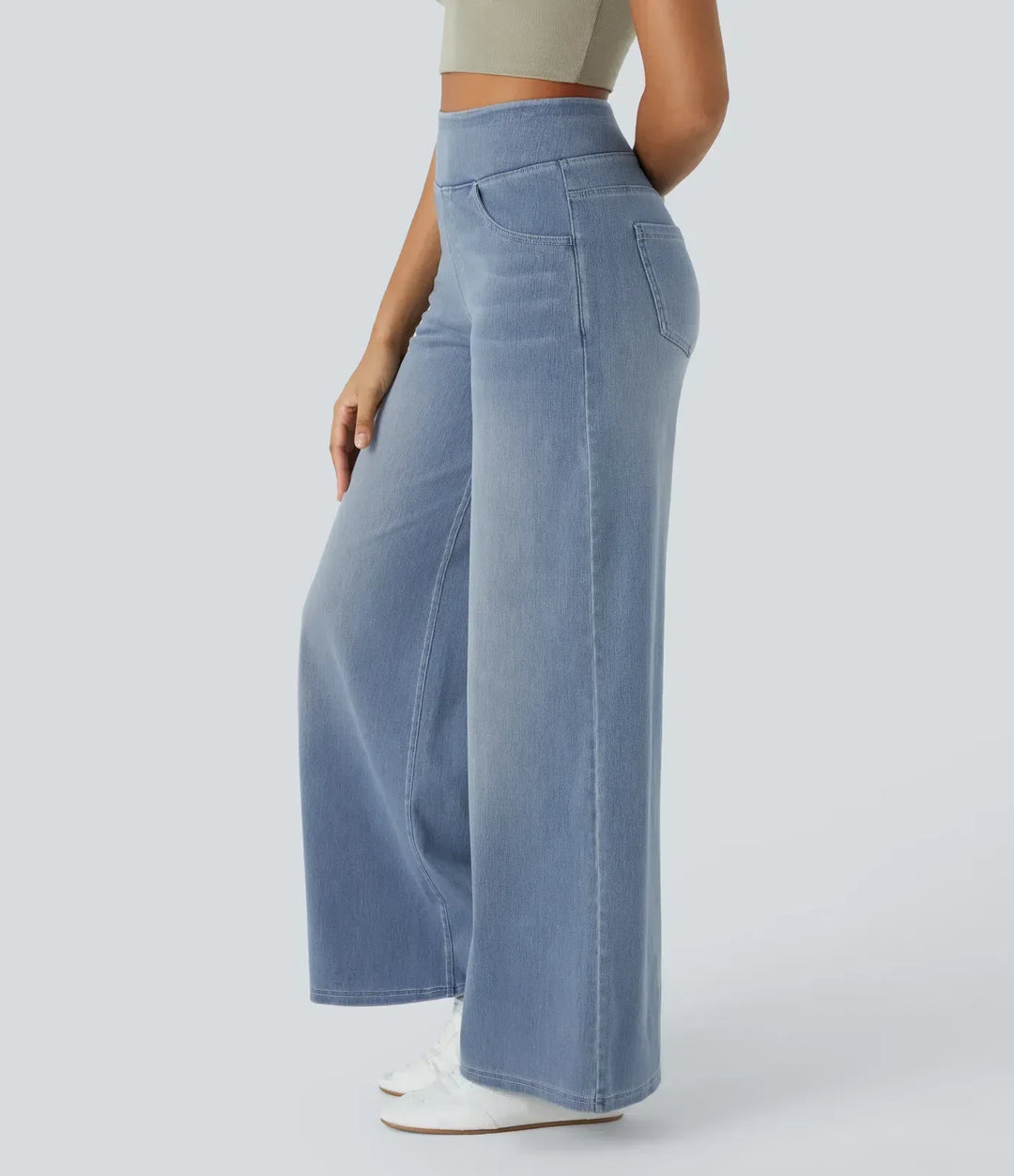 Women's comfort trousers: dark blue high-waisted wide-leg stretch pants, for spring or autumn.