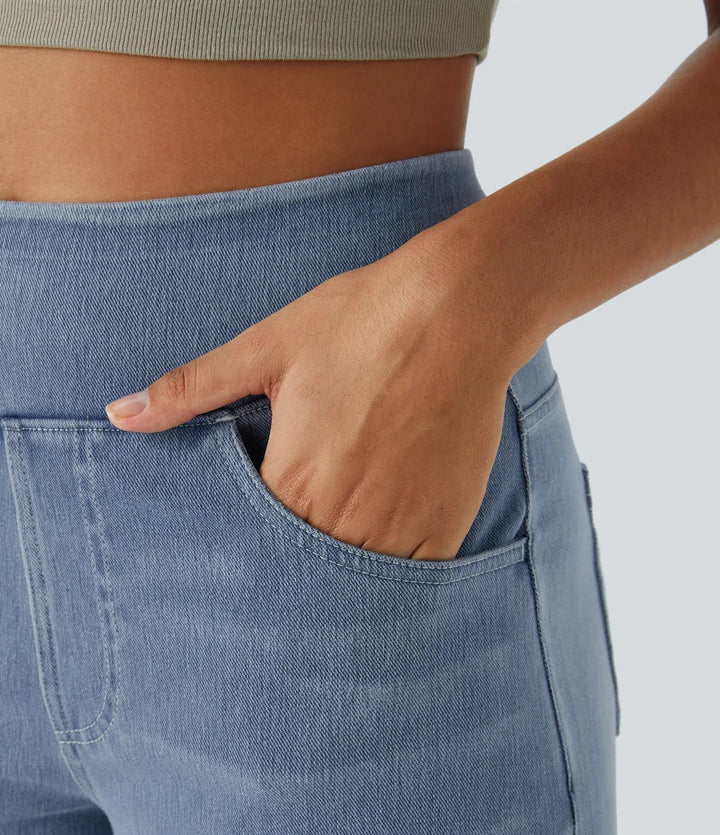 Light blue stretch wide-leg trousers, high-waisted pull-on style, casual & comfortable.