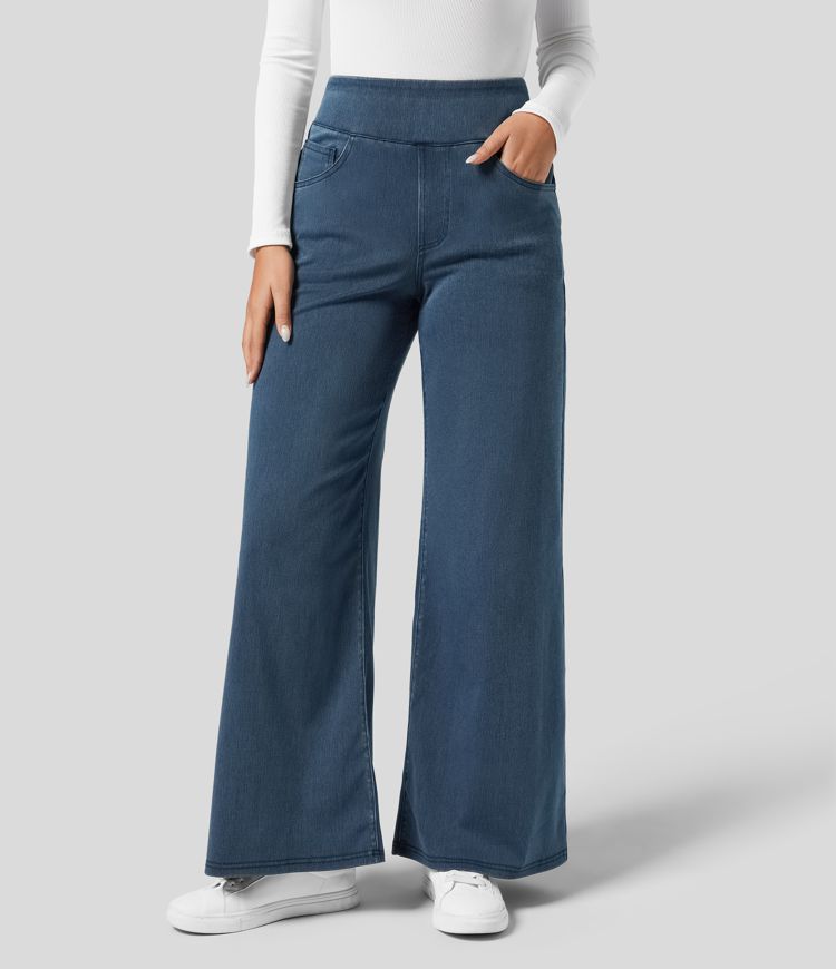 Dark blue pull-on wide-leg stretch trousers, high-waisted, offering ultimate comfort for women.