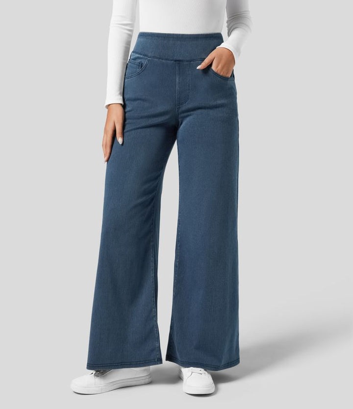 Dark blue pull-on wide-leg stretch trousers, high-waisted, offering ultimate comfort for women.