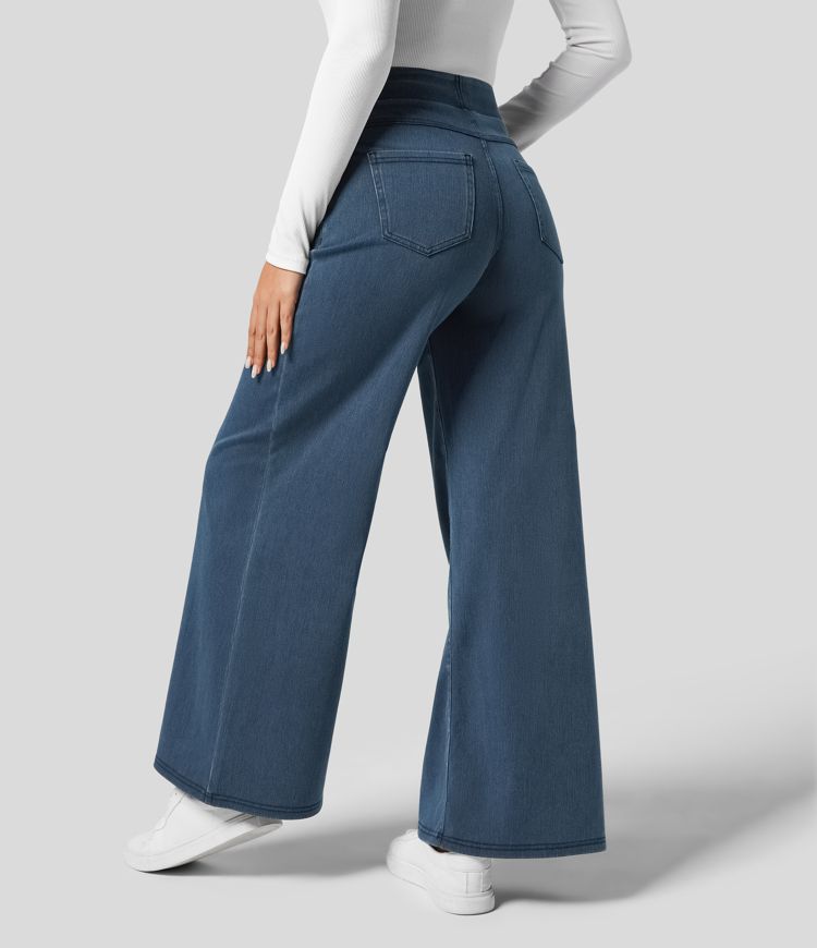 Light blue women's wide-leg stretch trousers, high-waisted, perfect for spring everyday style.