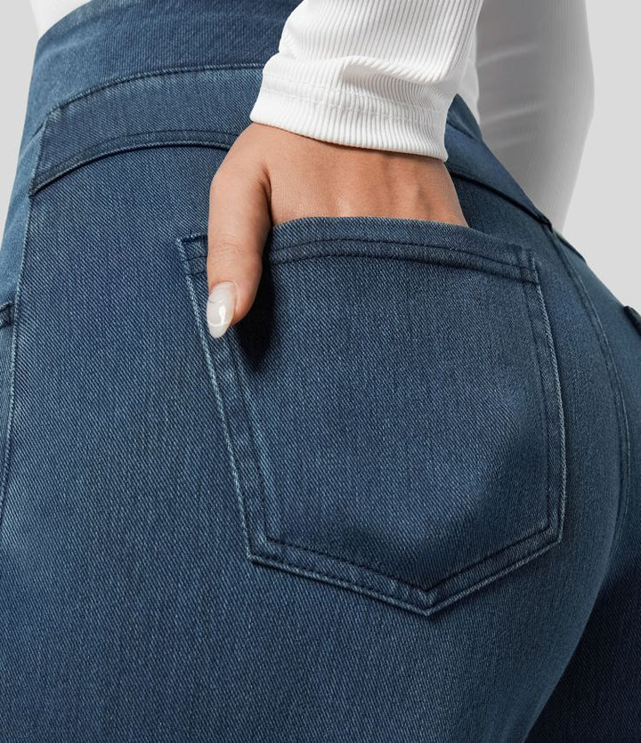 Close-up of soft stretch fabric: women's dark blue wide-leg pull-on trousers for comfort.