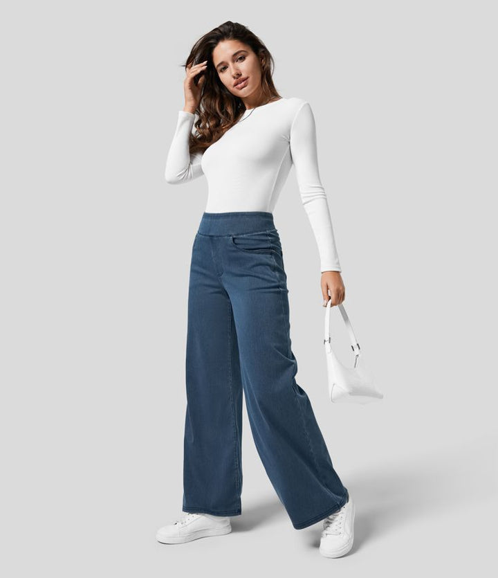 Light blue wide-leg stretch trousers, pull-on style, offering comfort for women's everyday wear.
